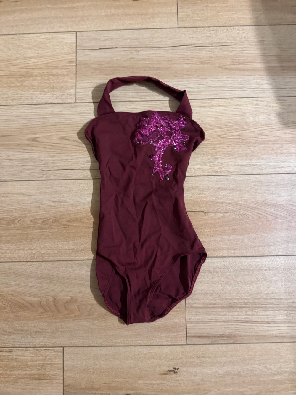 teens Burgundy Halter Dance Leotard with Sequin Accent